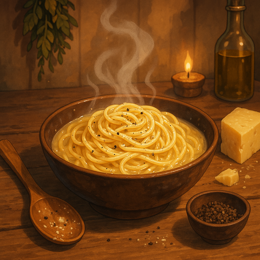 The image features a rustic wooden table set with a steaming bowl of Cacio e Pepe the iconic Roman pasta dish The pasta perfectly al dente is coated in a glossy creamy sauce made from freshly grated Pecorino Romano cheese and cracked black pepper The-3