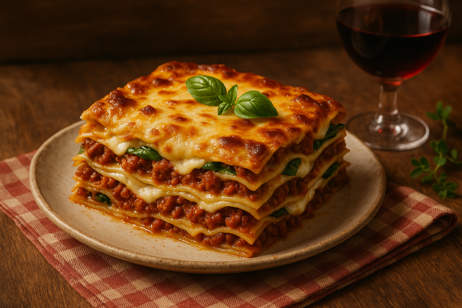 The image showcases a beautifully layered lasagna its goldenbrown top glistening with melted cheese Each layer is distinct revealing rich meaty tomato sauce interspersed with creamy bchamel and vibrant green basil The edges are slightly crispy hintin