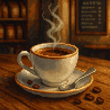 The image showcases a steaming cup of espresso sitting on a rustic wooden table The espresso is served in a small elegant white porcelain cup adorned with a delicate golden rim A rich dark brown crema floats atop the liquid glistening invitingly in t-2